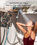 Woman showering using 5L Portable Propane Tankless Water Heater for Outdoor Living, 1.32 GPM Flow, 34,000 BTU per hour, camouflage finish.