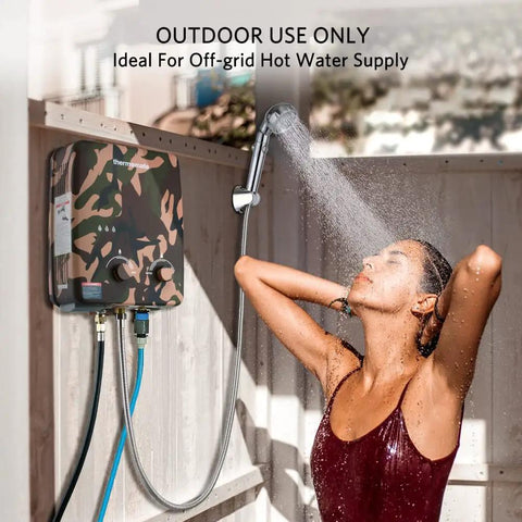 Woman showering using 5L Portable Propane Tankless Water Heater for Outdoor Living, 1.32 GPM Flow, 34,000 BTU per hour, camouflage finish.