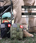 250 Piece Survival First Aid Kit With IFAK EMT MOLLE Pouch in red and black next to person outdoors, highlighting 8x6x5 inch size.
