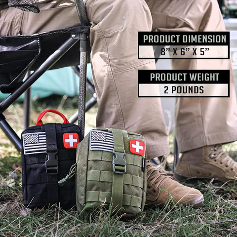 250 Piece Survival First Aid Kit With IFAK EMT MOLLE Pouch in red and black next to person outdoors, highlighting 8x6x5 inch size.