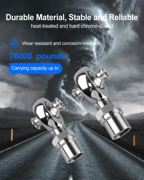 Heavy Duty 1.25 Inch Chromoly Heim Joint Rod End Kit With Right And Left Hand Threads Built Tough For Panhard Bars and Steering Linkage Upgrades shows chrome-plated parts on a winding road.