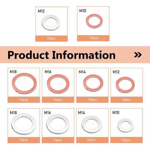 Product information display of Heavy Duty 100 Piece Oil Drain Plug Crush Washer Kit Multi Size Gasket Set M10 M12 M14 M16 M18