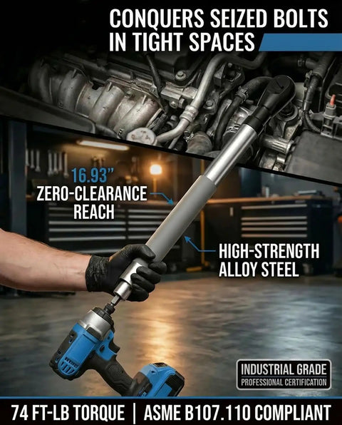 1/2 Drive Angled Impact Extension Wrench For Tight Spots With Lightweight Slick Build Ratcheting Flex Head shown with alloy steel construction.