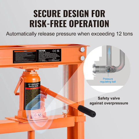 Close-up of Beast 12 Ton Hydraulic Shop Press safety valve, pressure release feature, in durable orange finish for garage or pro shops.
