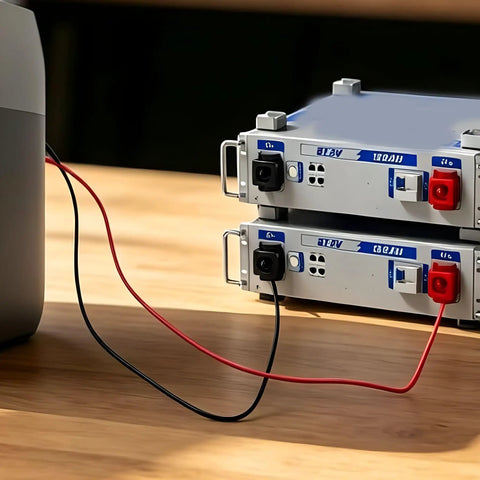 Heavy Duty 50 Amp Extension Cable 8 Awg Copper Bidirectional Fast Charging Cord connected to battery stations.