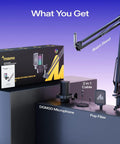 USB Gaming Microphone With Noise Cancellation One Click Mute Gain Control Real Time Monitoring Boom Arm Slick For Streaming Podcast Twitch YouTube Discord On PC PS4 PS5 And Mac, shown with boom stand, pop filter, and cable with packaging.