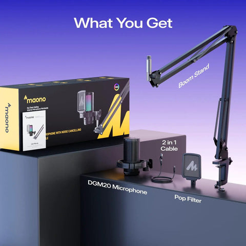 USB Gaming Microphone With Noise Cancellation One Click Mute Gain Control Real Time Monitoring Boom Arm Slick For Streaming Podcast Twitch YouTube Discord On PC PS4 PS5 And Mac, shown with boom stand, pop filter, and cable with packaging.