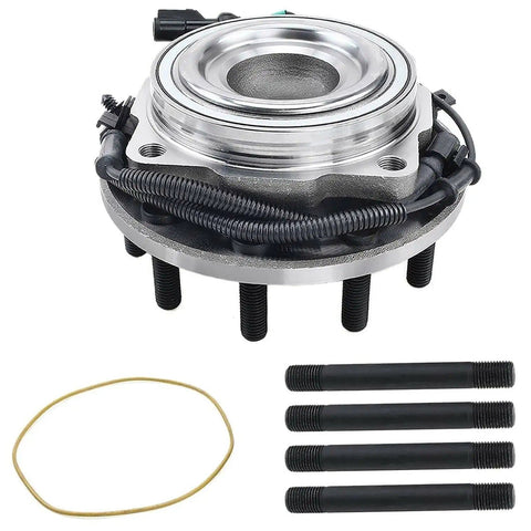 Two Piece Front Wheel Bearing And Hub Assembly Set For Front Left And Front Right Sides With Ten Wheel Studs And Four Bolt Holes Direct Bolt On Replacement Premium Quality, shown with components including wheel studs and gasket