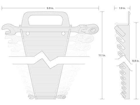 Diagram of 13-piece Flex Head Ratcheting Wrench Set holder with dimensions 9.8 x 9.8 x 11.1 inches, alloy steel holder.