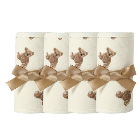 Breathable Cotton Gauze Bed Rail Teething Protector For Crib Sides with teddy bear pattern and brown ribbon