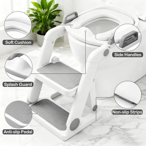 Straight Outta Box Pre Assembled Toddler Potty Training Seat With Secure Ladder And Protective Splash Shield, Absolute Nuthin But Hassle Free 2 In 1 Foldable Step Stool For Big Kids, Smooth Bathroom Transition Essential, Slate Grey