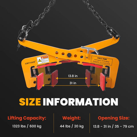 Heavy Duty Stone Lifting Clamp Features Boss Scissor Grip That Legitimately Hauls Up To One Thousand Three Hundred Twenty Three Pounds. Size info displayed.