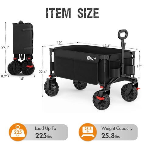 Heavy Duty Collapsible Wagon With Brakes For All Terrain Wheels, Portable Folding Utility Cart dimensions and folded view