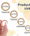16 Pcs Mini O Ring Clip Spring Carabiner Set For Bags And Purses And Handbags, Round Gold And Silver O Rings And Clasps, Four Sizes For DIY Jewelry Making And Craft Projects, gold metal sizes shown