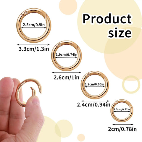 16 Pcs Mini O Ring Clip Spring Carabiner Set For Bags And Purses And Handbags, Round Gold And Silver O Rings And Clasps, Four Sizes For DIY Jewelry Making And Craft Projects, gold metal sizes shown
