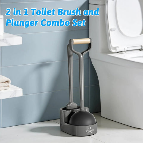 Heavy Hitter Toilet Brush And Plunger Set Featuring Curved Scour Bristles Gray Two Piece Bathroom Clog Knockout Kit with Storage Stand