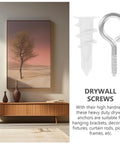 Self Drilling Drywall Anchors And Screws Kit, 20 Sets, Heavy Duty Nylon And Iron Expansion Anchors next to picture frame on wall.