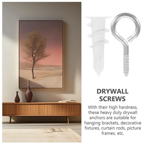 Self Drilling Drywall Anchors And Screws Kit, 20 Sets, Heavy Duty Nylon And Iron Expansion Anchors next to picture frame on wall.