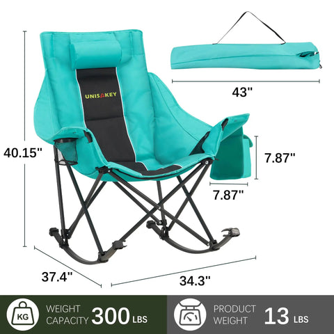 Oversized Rocking Camping Chair With Headrest And Cup Holder 300 Lb Capacity 600D Oxford Fabric Easy Fold Portable Outdoor Rocker