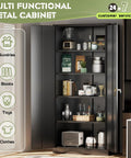 Heavy Duty 72 Inch Metal Storage Cabinet With 4 Adjustable Shelves And 2 Doors For Garage Workshop Office Or Home Black Durable Steel Tool Organizer And More, open to show shelves with various household items.