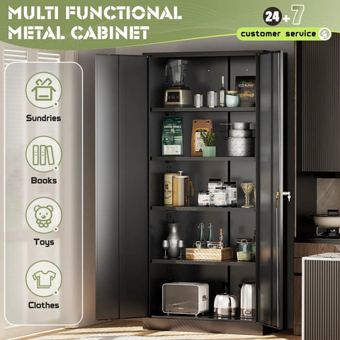 Heavy Duty 72 Inch Metal Storage Cabinet With 4 Adjustable Shelves And 2 Doors For Garage Workshop Office Or Home Black Durable Steel Tool Organizer And More, open to show shelves with various household items.