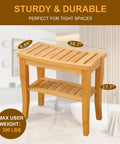 19 Inch Bamboo Shower Bench With Storage Shelf, 2 Tier Wooden Spa Seat for Small Bathrooms, dimensions and weight capacity details