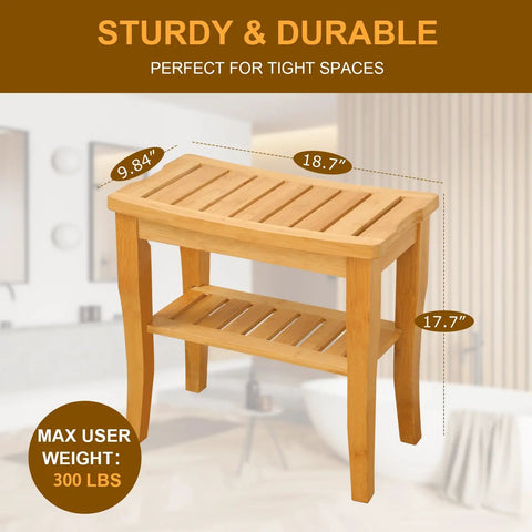19 Inch Bamboo Shower Bench With Storage Shelf, 2 Tier Wooden Spa Seat for Small Bathrooms, dimensions and weight capacity details