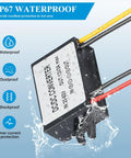 Beefy 17 To 60V DC Buck Converter Down To 12V 3A 36W IP67 Waterproof Power Module in water, cables shown