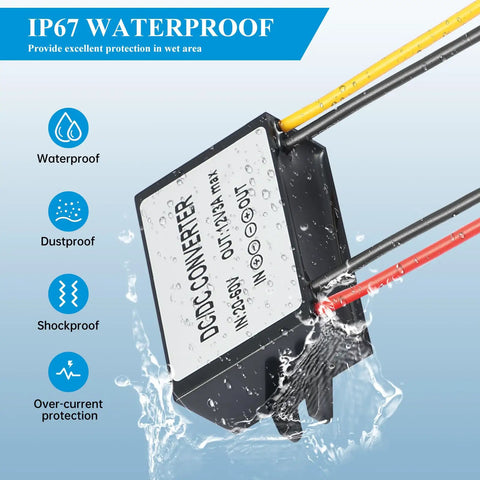 Beefy 17 To 60V DC Buck Converter Down To 12V 3A 36W IP67 Waterproof Power Module in water, cables shown