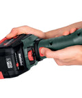 Built Tough Brushless 18V Cordless Flat Head Angle Grinder 125 MM Disc with Swivel Battery Base in hand for metalworking.