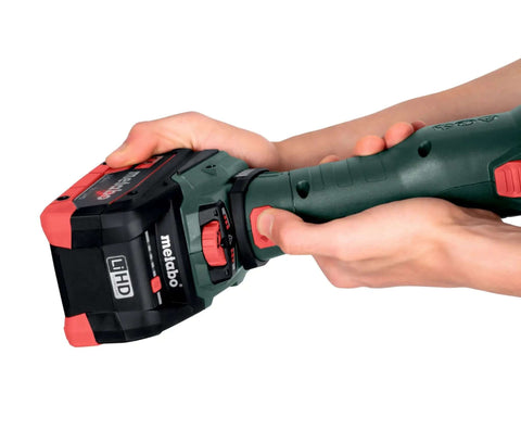 Built Tough Brushless 18V Cordless Flat Head Angle Grinder 125 MM Disc with Swivel Battery Base in hand for metalworking.