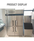 Go-To Commercial Upright Freezer Fridge, Slick Stainless Steel Four Door Cold Storage Cabinet in kitchen display.