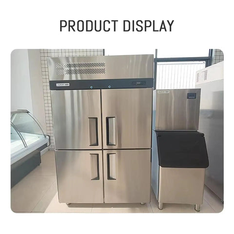 Go-To Commercial Upright Freezer Fridge, Slick Stainless Steel Four Door Cold Storage Cabinet in kitchen display.