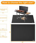 Diagram showing Large 68 By 48 Inch Fire Pit Mat For Outdoor Grills And Solo Stove Bonfire under a grill with dimensions.