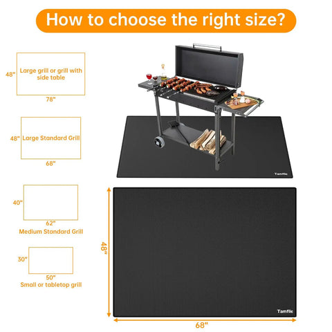 Diagram showing Large 68 By 48 Inch Fire Pit Mat For Outdoor Grills And Solo Stove Bonfire under a grill with dimensions.