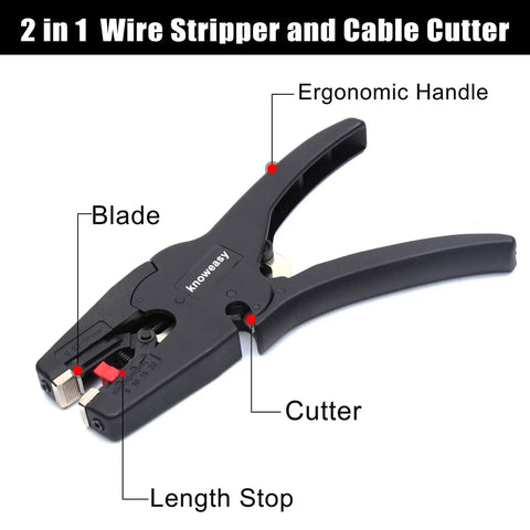 2 In 1 Wire Stripping Tool With Cutter For Electronics And Automotive Wiring, showing ergonomic handle and parts labeled