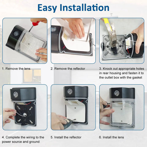 Step-by-step installation of 30W LED Wall Pack With Dusk To Dawn Sensor, 3600LM Ultra Bright Outdoor Flood Light, IP65 Waterproof.