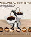 Heavy Duty 2 Cup Dual Pipe Moka Pot Crafted From Thickened 304 Stainless Steel Using Fully Uncoated Inner Walls For Rock Solid Extraction with brewed coffee.