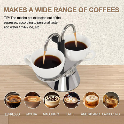 Heavy Duty 2 Cup Dual Pipe Moka Pot Crafted From Thickened 304 Stainless Steel Using Fully Uncoated Inner Walls For Rock Solid Extraction with brewed coffee.