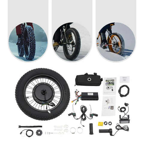 20 Inch Fat Tire Electric Bike Conversion Kit With 48V 1500W Rear Hub Motor and accessories laid out, with bike tire images