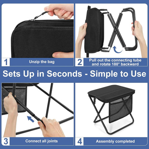 Image tutorial of setting up the Ultralight Folding Camp Stool With Side Pocket And Carry Bag, showing step-by-step instructions.