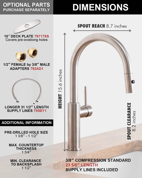 High Arc Kitchen Faucet With Pull Down Sprayer and Magnetic Docking Brushed Nickel Finish with dimensions and parts shown