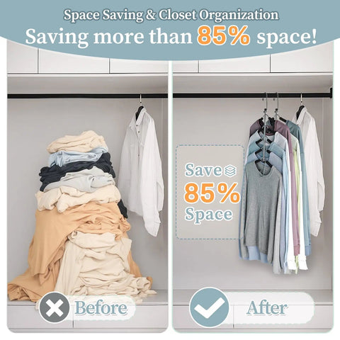 Before and after closet with Space Saving 5 Layer Non Slip Shirt Hangers Kit For Closet Organization, Black, 2 Pack