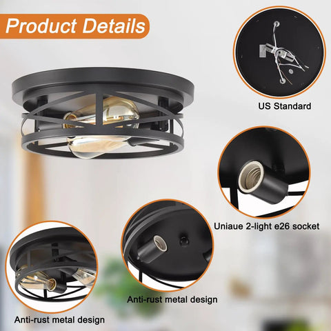 Close-up of Black Flush Mount Ceiling Light Industrial Vintage Metal Cage Fixture with anti-rust design and E26 sockets