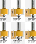 Badass One Piece Half Inch Shank Rabbet Router Bit With Interchangeable Bearings showcasing various groove cut depths.