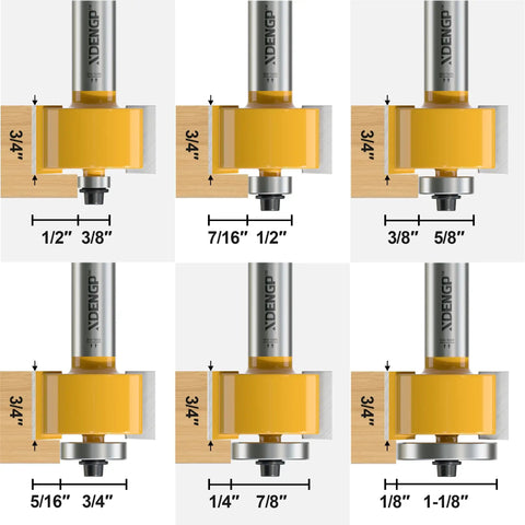 Badass One Piece Half Inch Shank Rabbet Router Bit With Interchangeable Bearings showcasing various groove cut depths.
