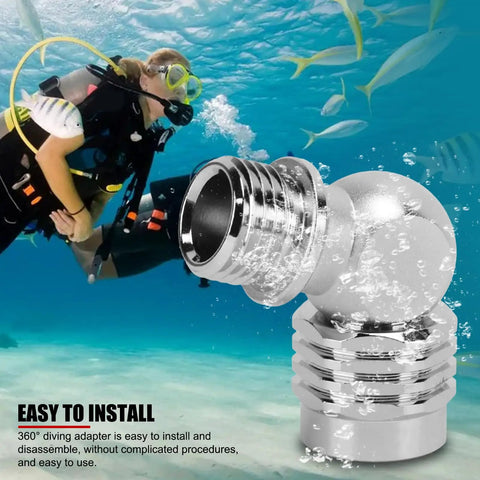 Universal Scuba 2nd Stage Swivel Adaptor Brass Chrome Plated for Standard Regulators and Low Pressure Hoses with diver in background