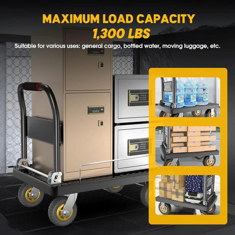 Beefy Heavy Duty Foldable Hand Cart With Wheels For 1300 Lbs Loads Portable Platform Hand Truck With Detachable 3 Sided Guardrails Rugged Dolly For Moving Equipment On Concrete Wood Or Carpet Wide Application And Easy Storage, black steel cart with cargo and bottles