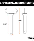 Diagram showing 1-Inch By 5-1/2-Inch Clevis Pin Hitch With Rubber-Coated Handle And Clip dimensions for lawn tractors and trailers.