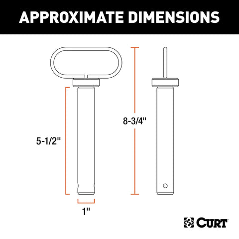 Diagram showing 1-Inch By 5-1/2-Inch Clevis Pin Hitch With Rubber-Coated Handle And Clip dimensions for lawn tractors and trailers.